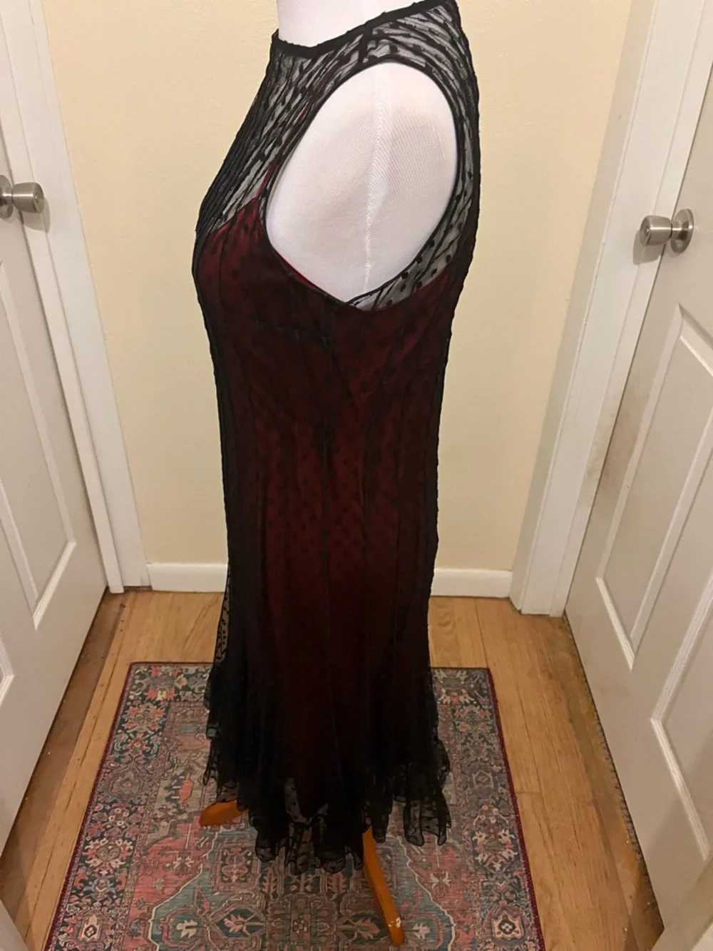 Teri Jon Scarlet Silk Slip Dress with Black Mesh Overlay - Picture 3 of 12